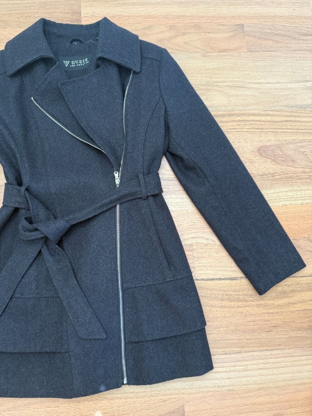Guess Gray Wool Belted Asymmetrical Zip Coat - Size L - Picture 9 of 9